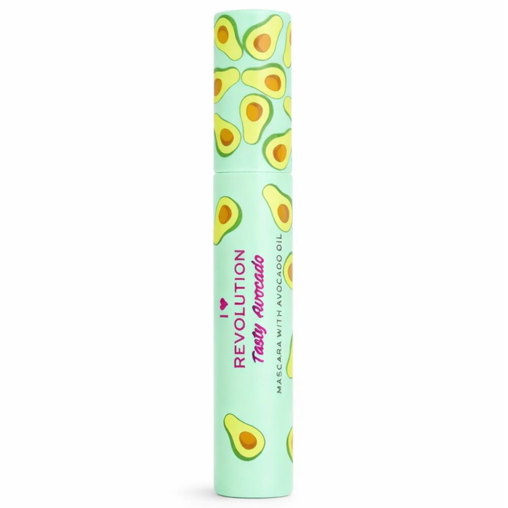 Mascara Tasty Avocado, hellgrüne Tube mit Avocado-Muster. Text: Revolution, Tasty Avocado, Mascara with Avocado Oil.