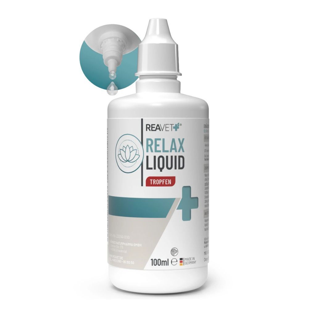 Weiße Flasche mit Tropfer. Text: ReaVET Relax Liquid Tropfen. 100ml. Tropfen fallen aus der Flasche.