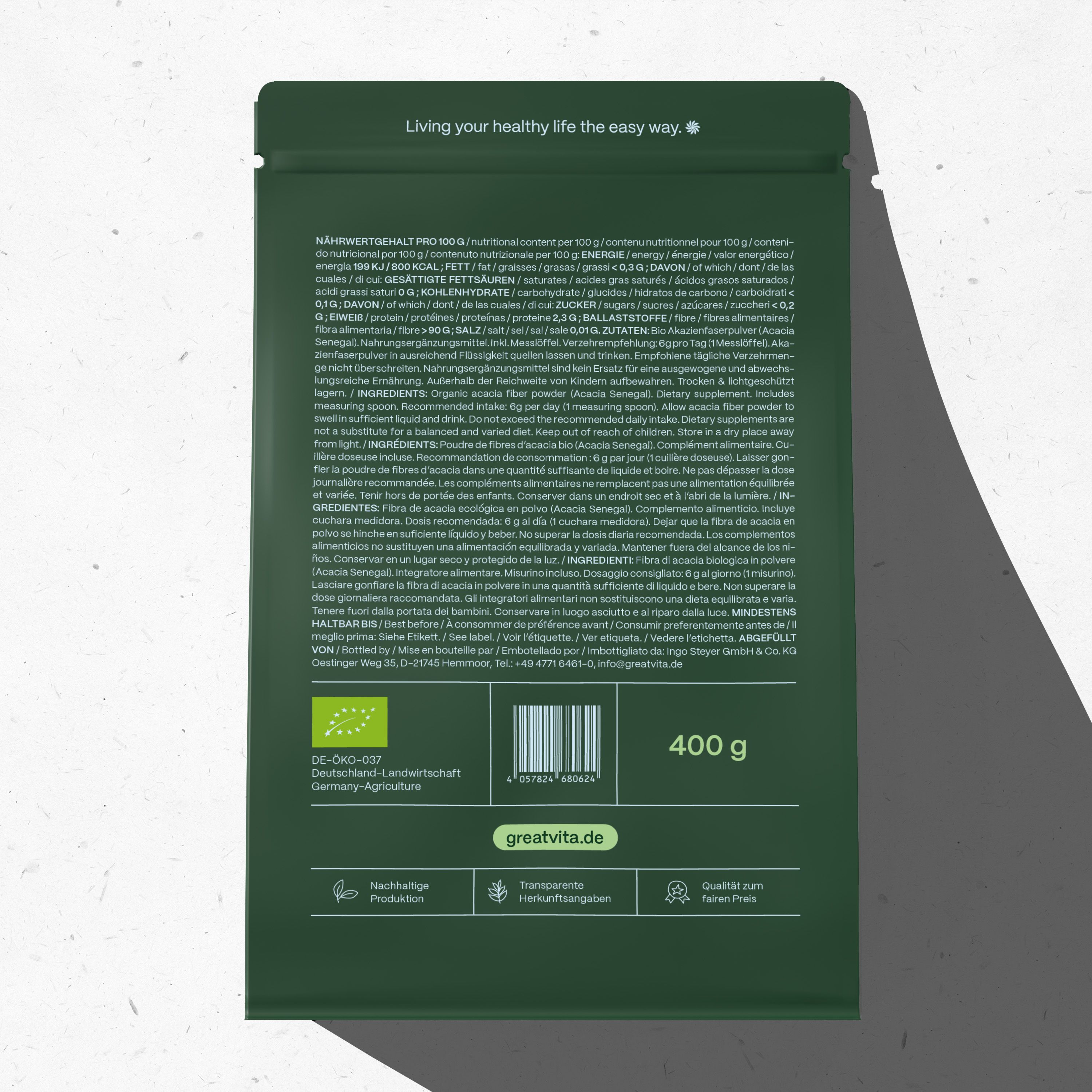 Grüne Verpackung mit Text. Enthält Nährwertangaben, Inhaltsstoffe und das Bio-Siegel. 400g. Marke: GreatVita.