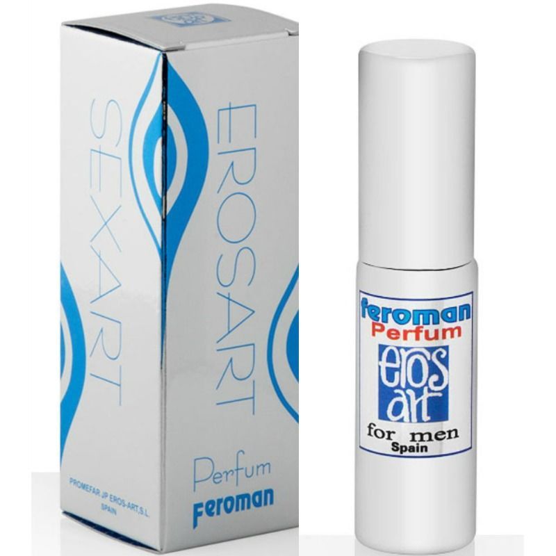 Weißes Flakon und Schachtel. Aufschrift "Eros Art" und "Feroman". Blaue Designelemente. Text: "for men".