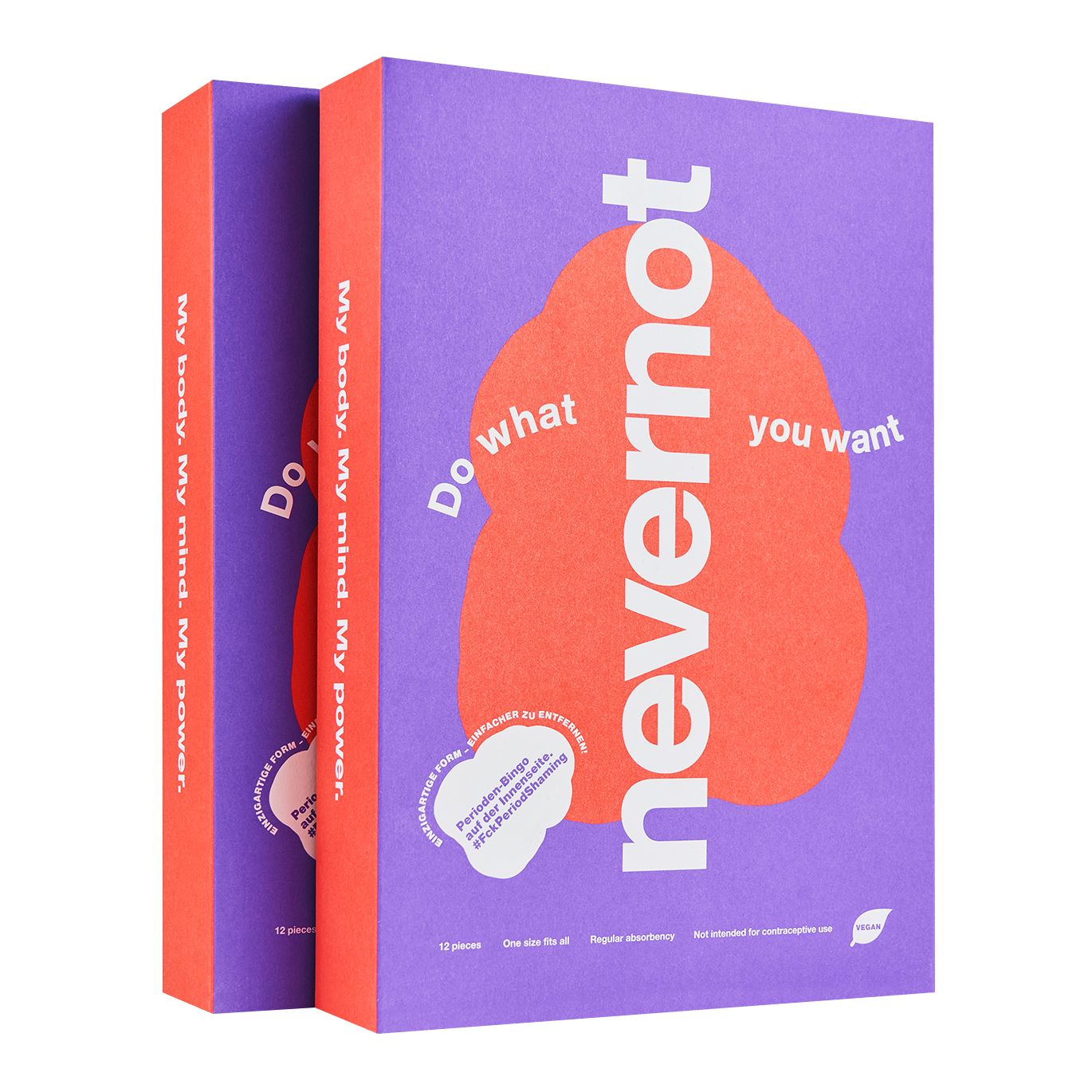 Zwei Packungen mit lila Verpackung. Aufschrift: nevernot, Do what you want. Text: My body, my mind, my power. 12 Stück.