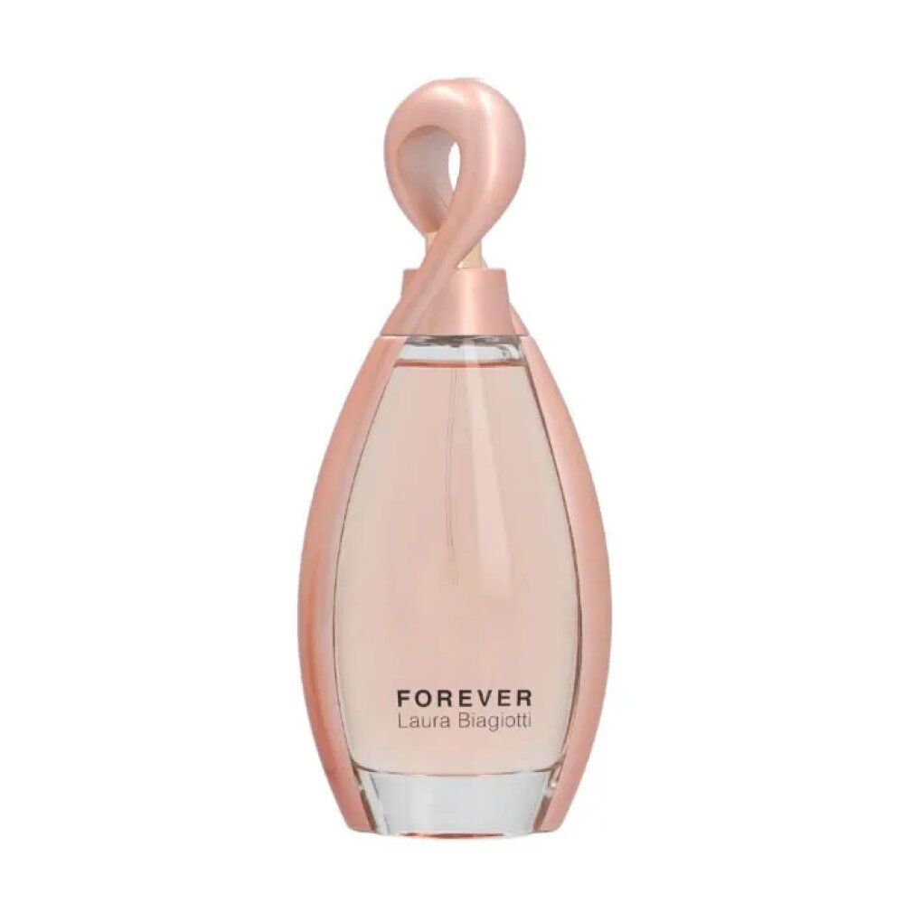 Rosa Parfümflasche mit goldfarbenem Verschluss. Schriftzug: Forever Laura Biagiotti.