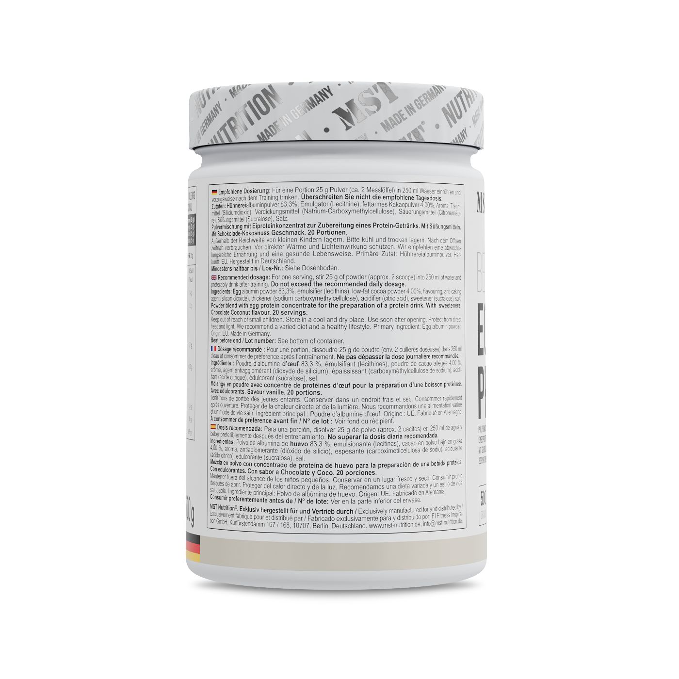 Rückseite der MST EGG WHITE PROTEIN Dose mit detaillierten Anwendungshinweisen.