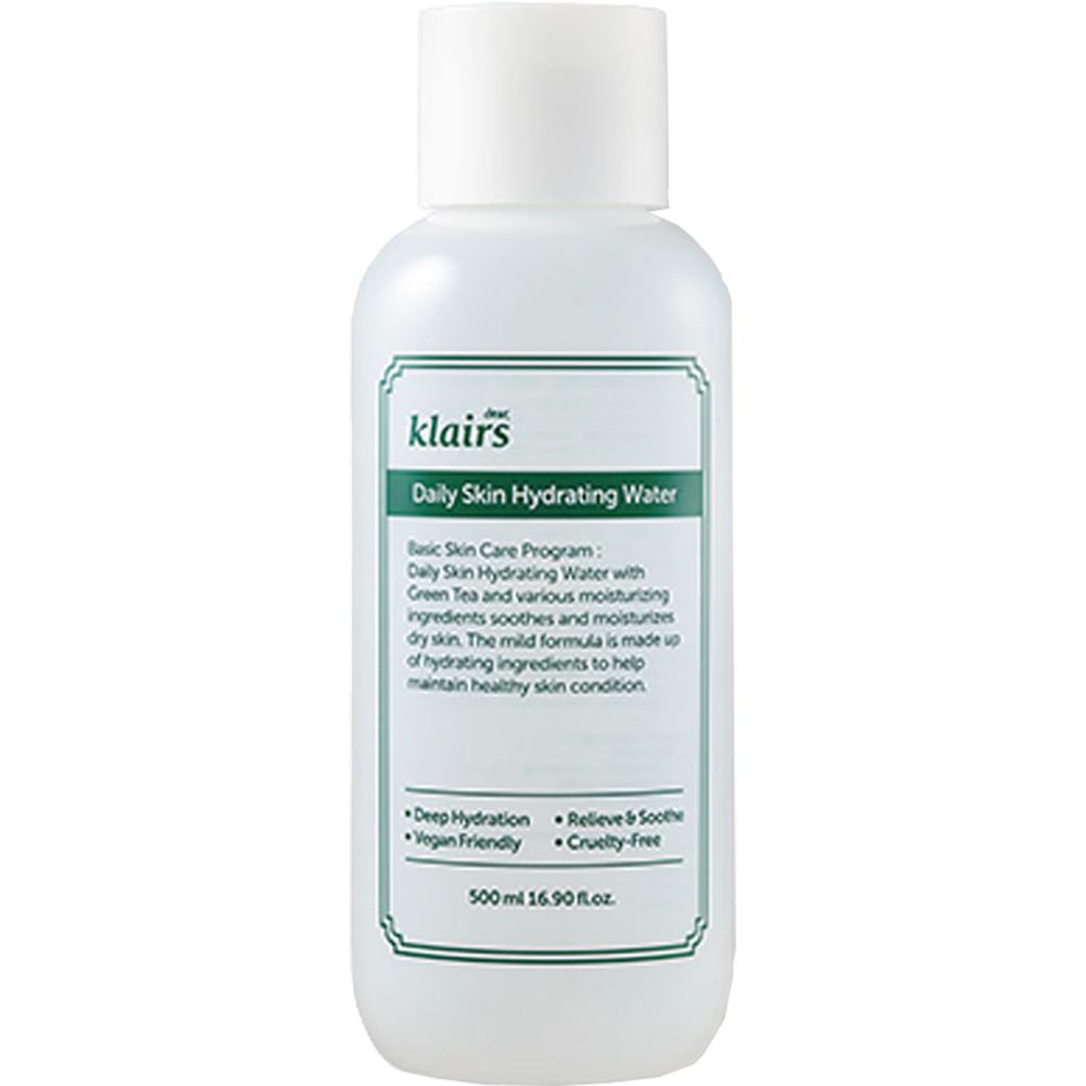 Weiße Flasche mit grünem Etikett. Text: klairs, Daily Skin Hydrating Water. Enthält Informationen über Inhaltsstoffe und Eigenschaften.
