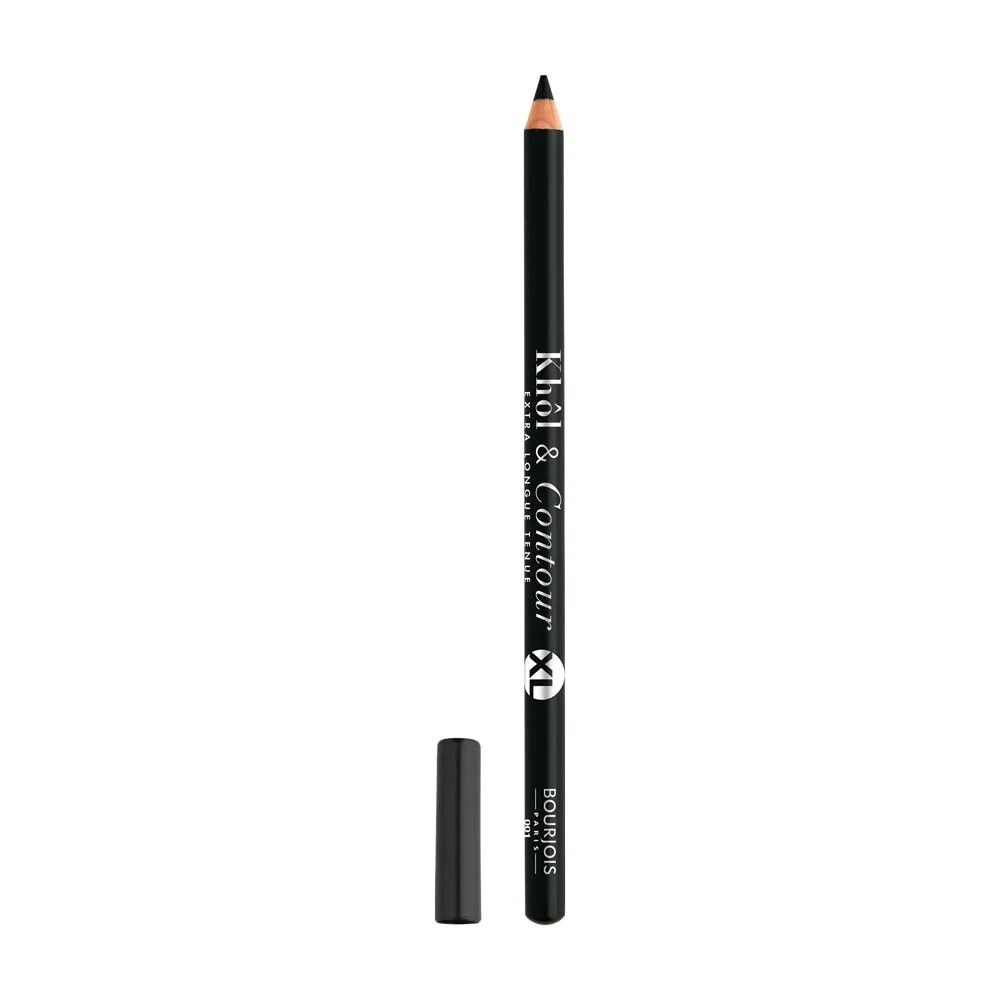 Schwarzer Kajalstift mit Kappe. Aufschrift: Khol & Contour XL, Bourjois. Schwarze Mine, schwarzer Stift.