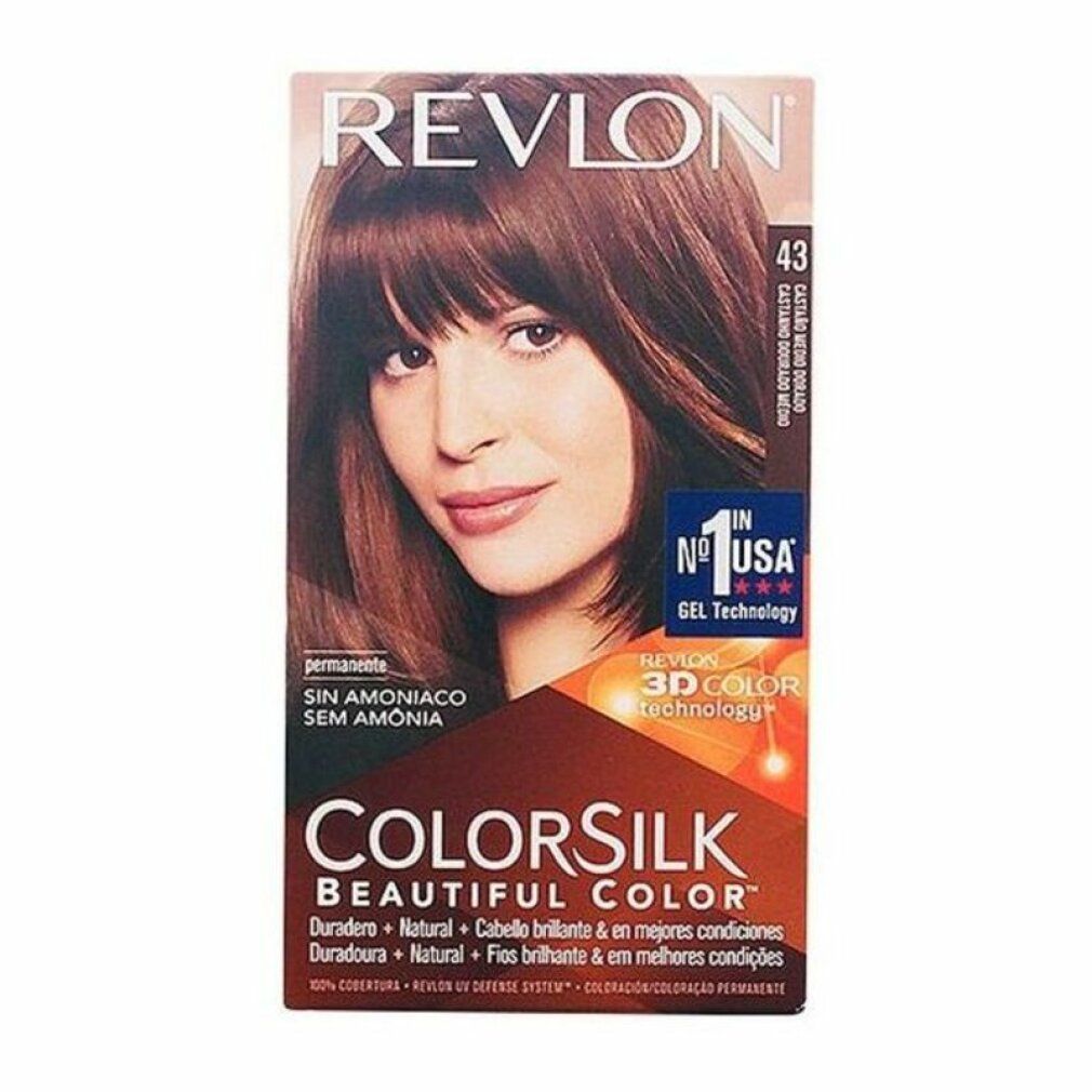 Revlon Colorsilk Haarfarbe, Farbton 43 Medium Golden Brown. Verpackung mit Abbildung einer Frau mit braunem Haar. Text: Sin amoniaco.