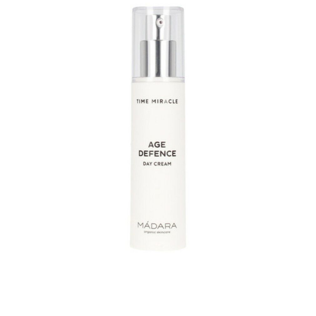 Weißer Creme-Flakon mit silbernem Pumpkopf. Aufschrift: Time Miracle Age Defence Day Cream. Marke: MÁDARA organic skincare.