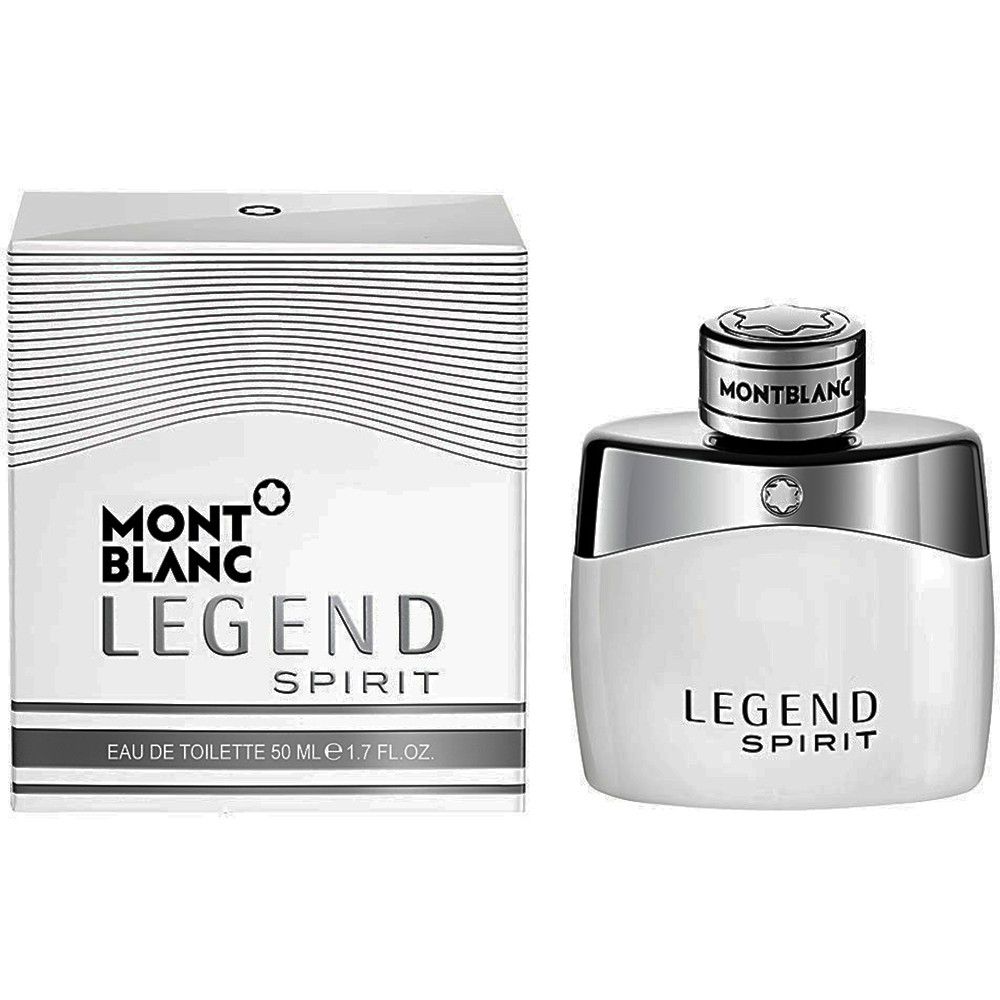 Weißer Flakon und Verpackung mit Aufschrift MONTBLANC LEGEND SPIRIT. Silberner Deckel. 50 ml.