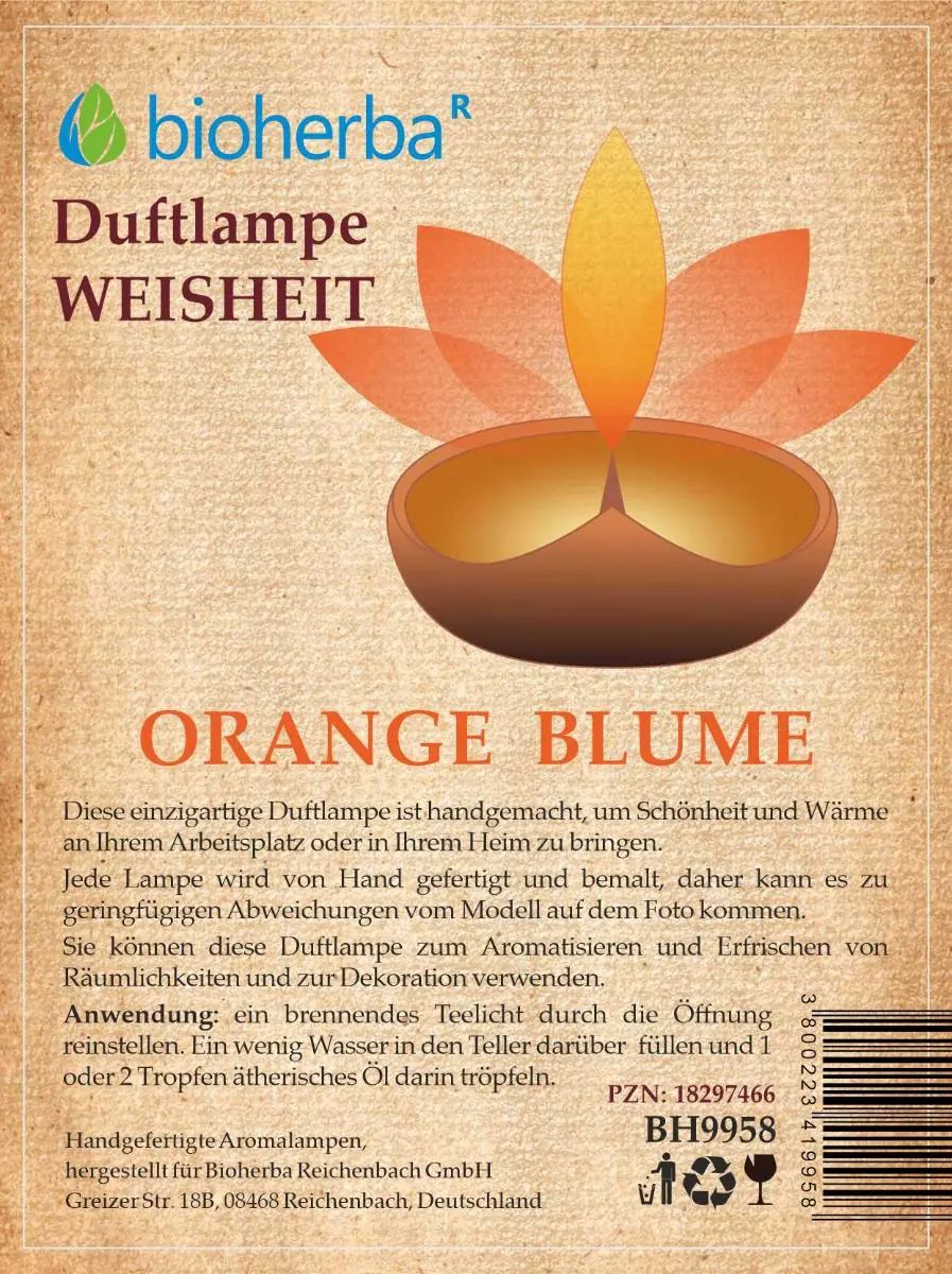 Verpackung der Duftlampe. Logo und Produktname: Bioherba Duftlampe Weisheit Orange Blume. Text und Barcode.
