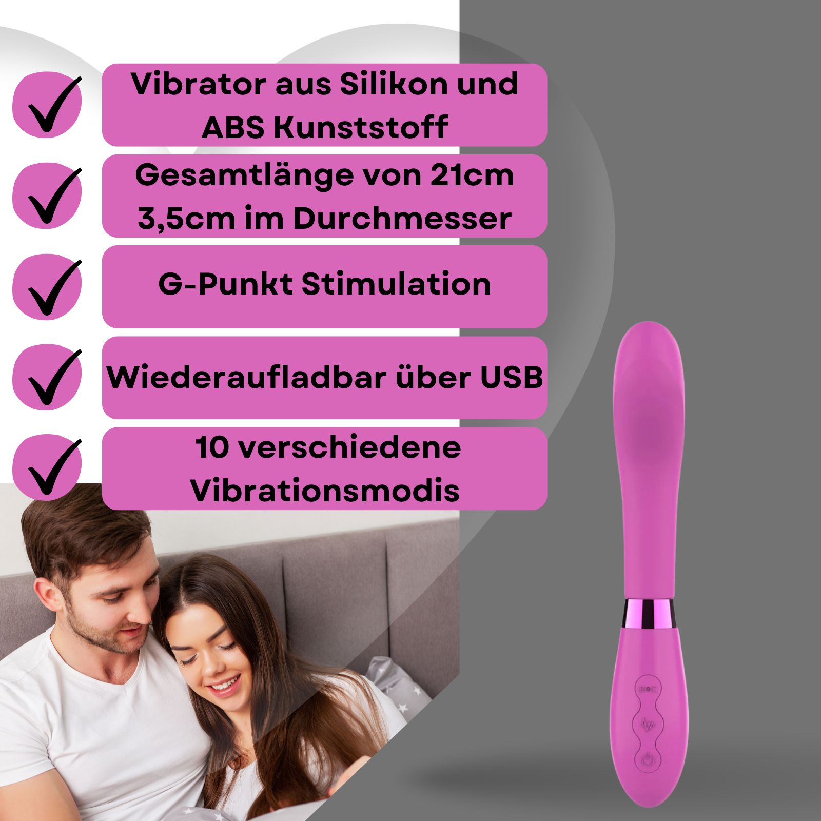 Pinkfarbener Vibrator. Text mit Eigenschaften: Silikon, 21cm lang, 3,5cm Durchmesser, USB.