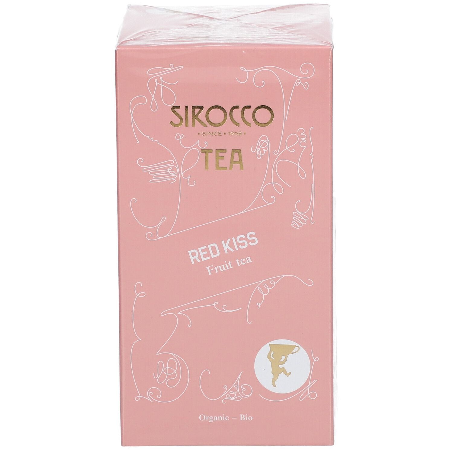 Verpackte rosa Schachtel "Sirocco Tea Red Kiss". Organisch-Bio-Logo. Goldene Schrift.