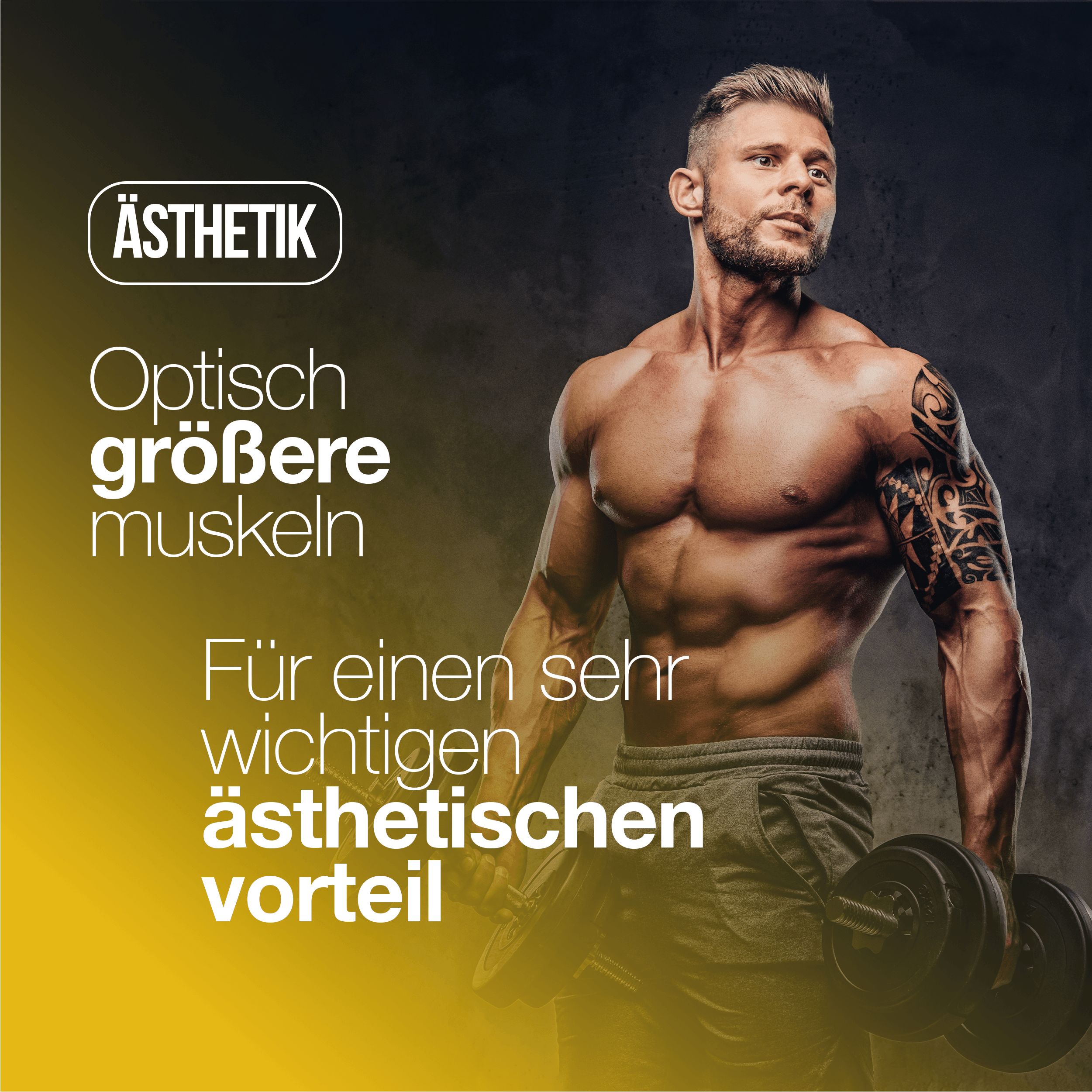 Muskulöser Mann mit Hanteln. Für optisch größere Muskeln. Ästhetischer Vorteil.
