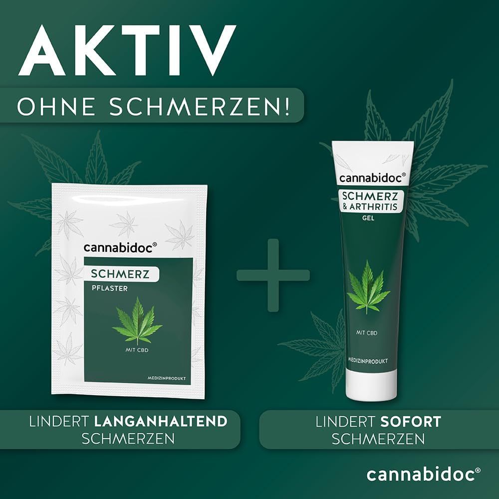 Schmerzpflaster und Gel. Text: Aktiv ohne Schmerzen! Lindert langanhaltend Schmerzen. Lindert sofort Schmerzen.
