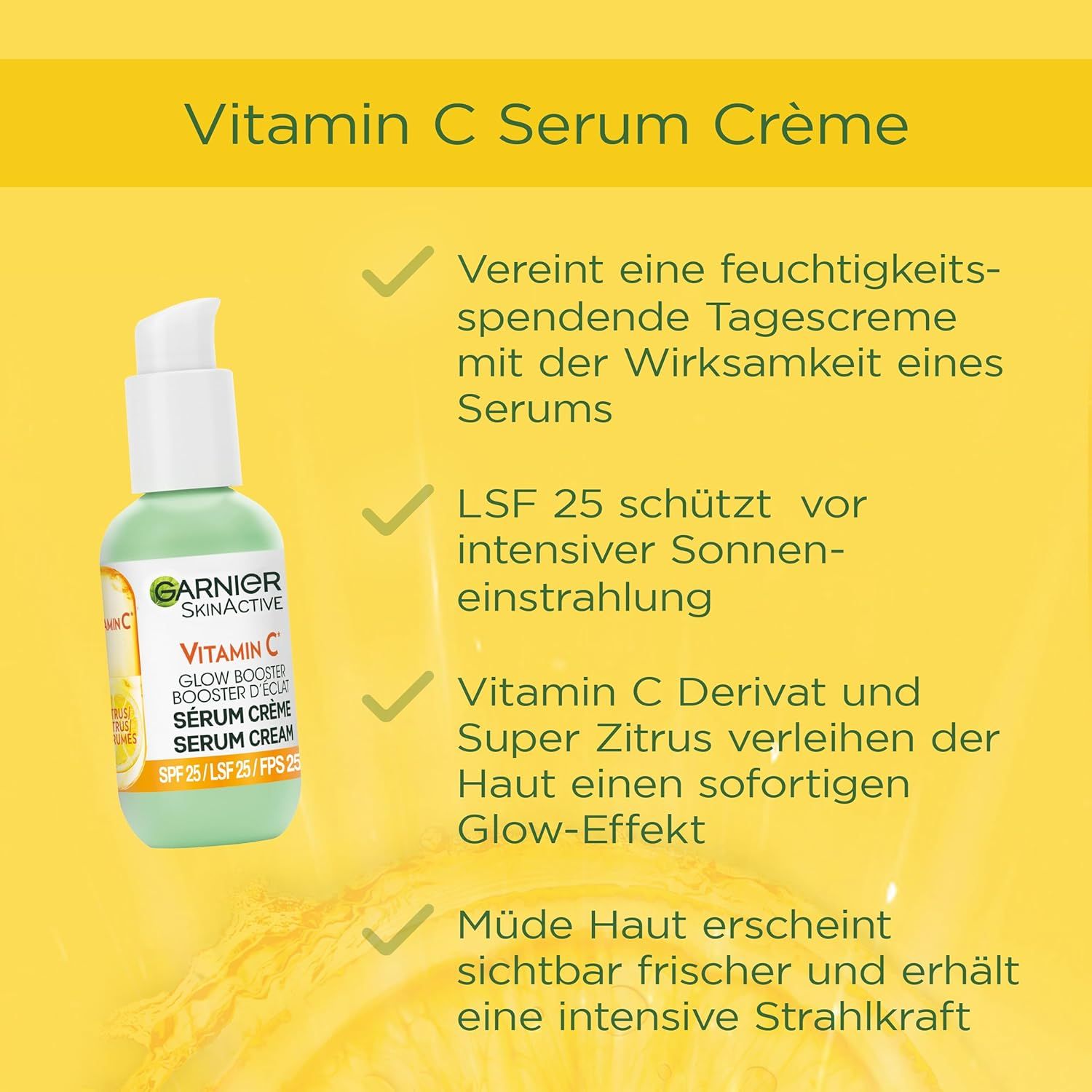 Grüner Hintergrund mit Text: Vitamin C Serum Crème. Text über feuchtigkeitsspendende Tagescreme, LSF 25 und Vitamin C Derivat.