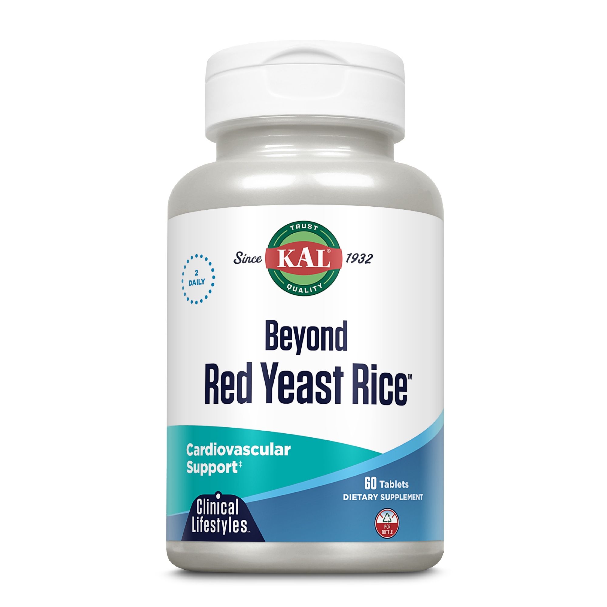 Flasche KAL Beyond Red Yeast Rice. Aufschrift: Beyond Red Yeast Rice, Cardiovascular Support, 60 Tabletten. 2 Tabletten täglich.