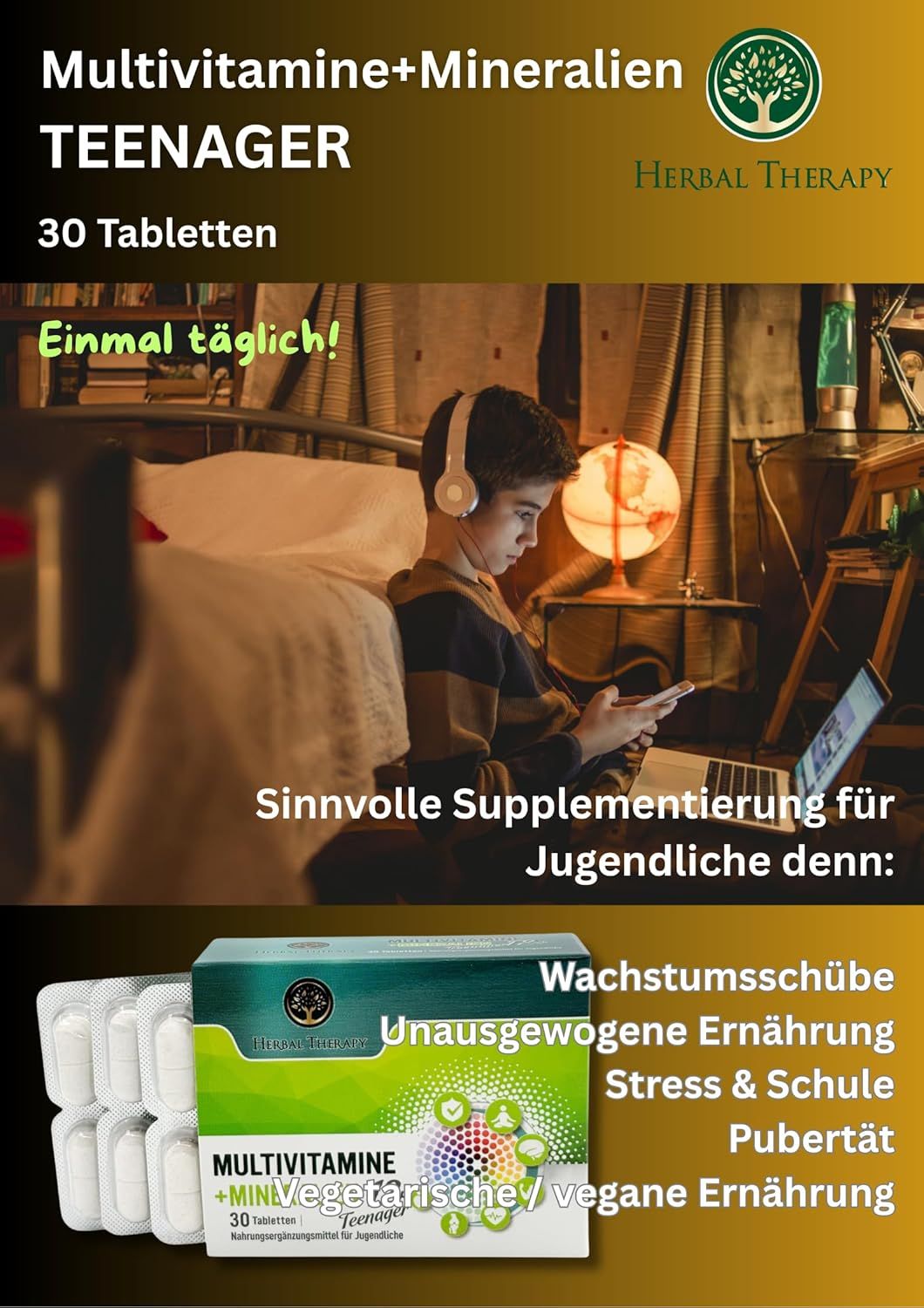 Verpackung mit Tabletten. Aufschrift: Multivitamine + Mineralien, 30 Tabletten, Herbal Therapy. Teenager-Ernährung.