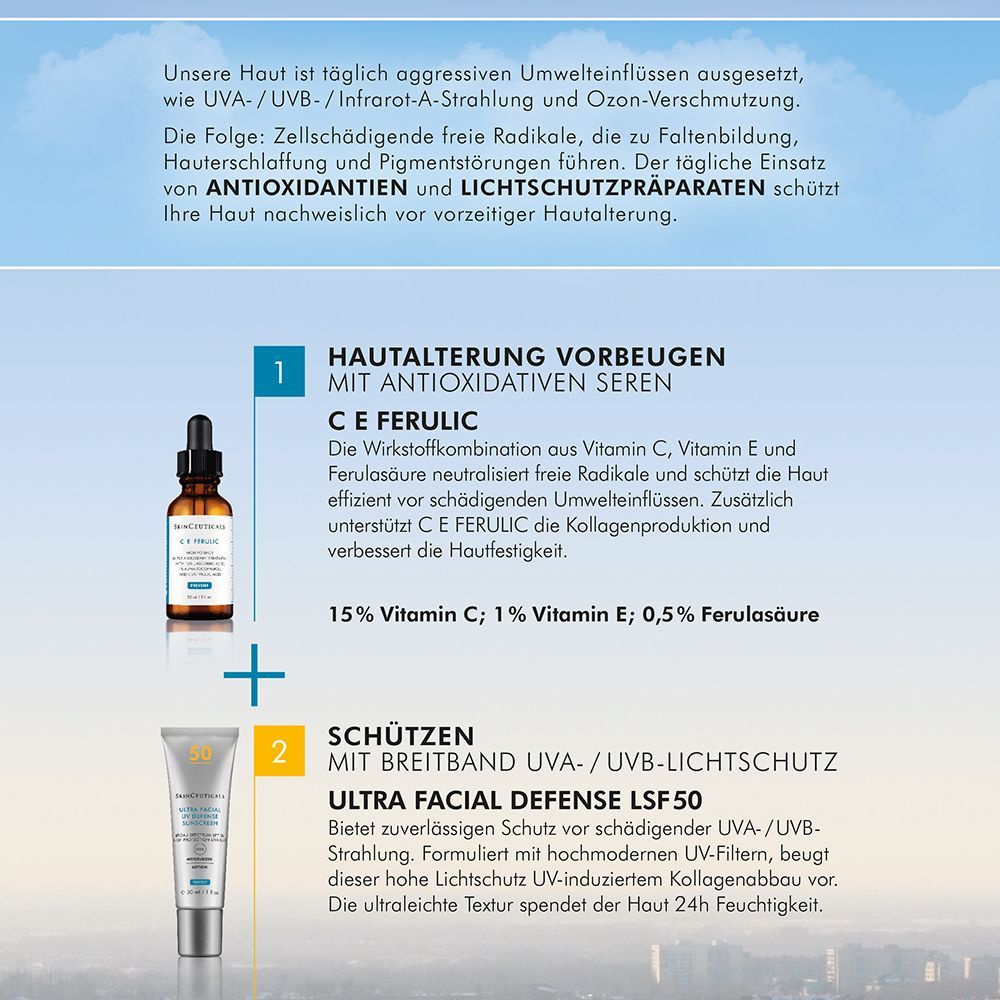Infografik mit zwei Produkten: C E Ferulic Serum und Ultra Facial Defense LSF 50. Beschreibungen in deutscher Sprache.