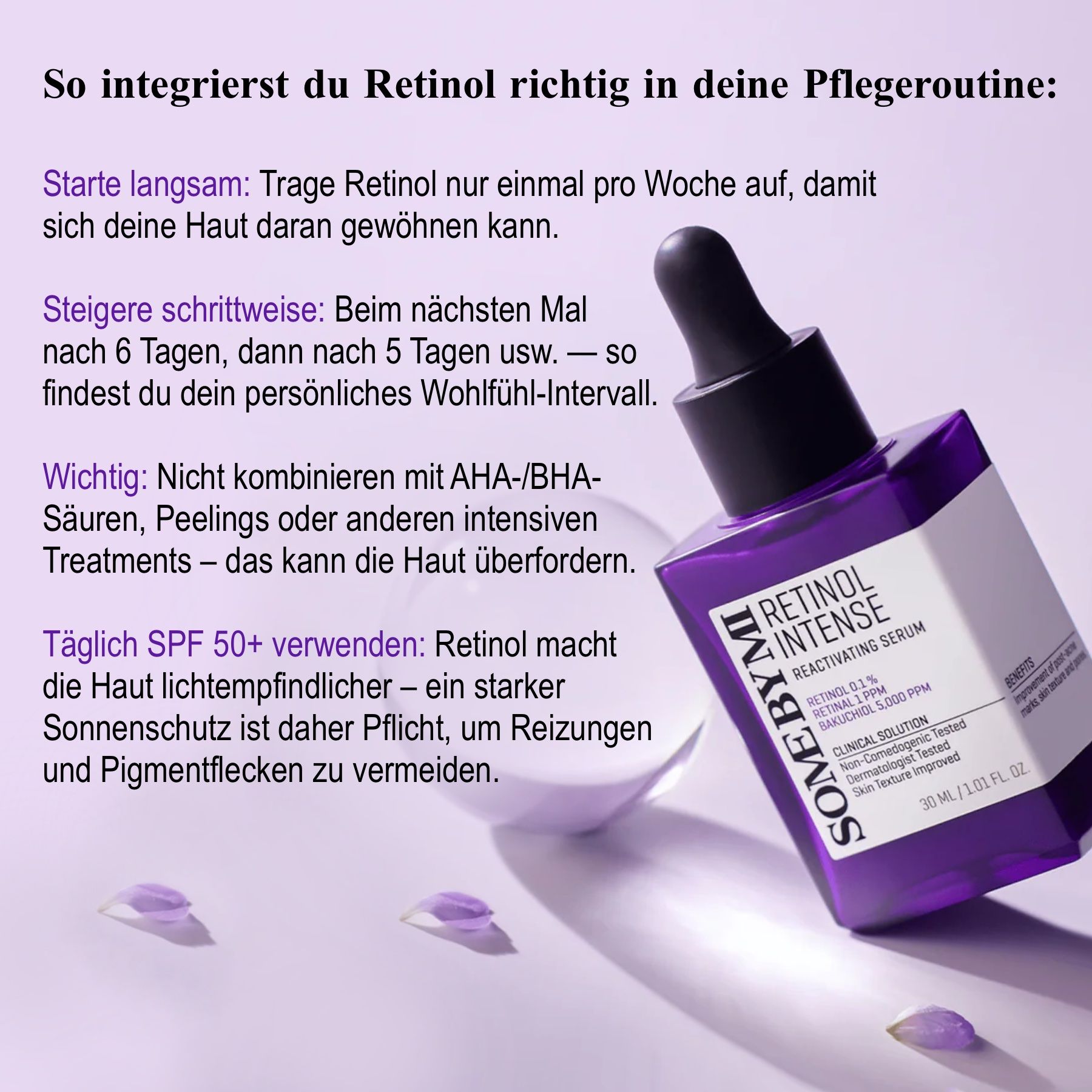 Text über die richtige Integration von Retinol. Flasche Serum. Aufschrift: Retinol Intense Reactivating Serum. Marke: Some By Mi.