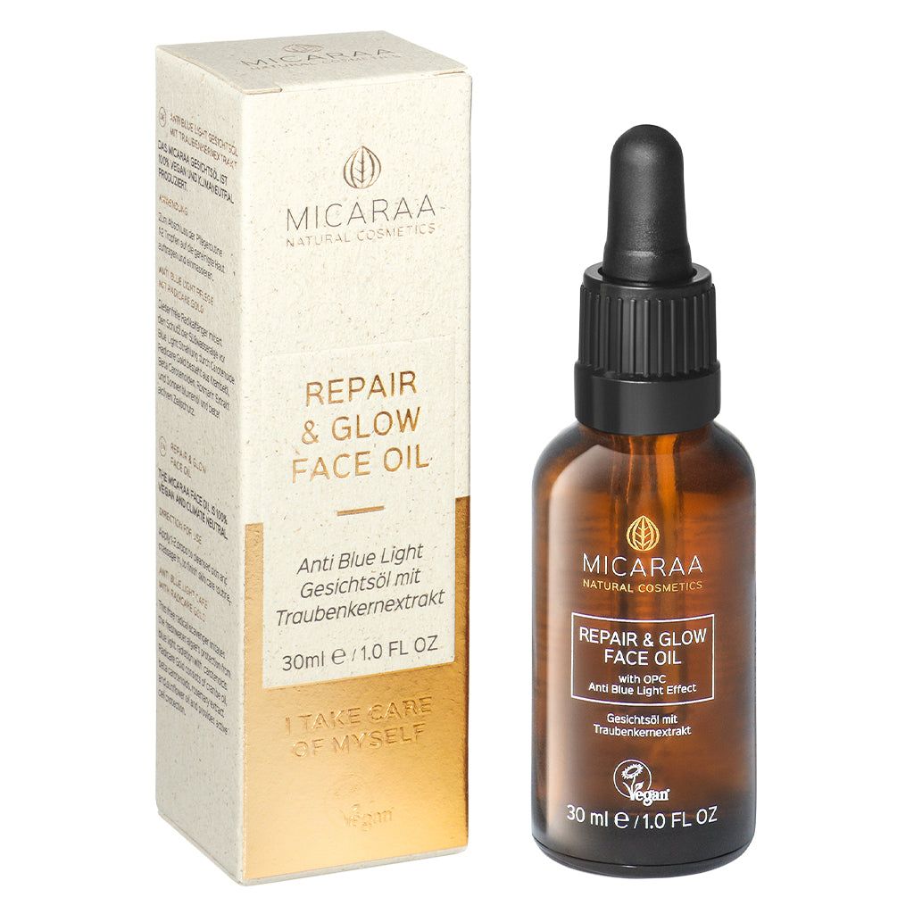 Braune Glasflasche und Verpackung. Aufschrift: MICARAA Repair & Glow Face Oil. Vegan-Siegel. Text: I TAKE CARE OF MYSELF.