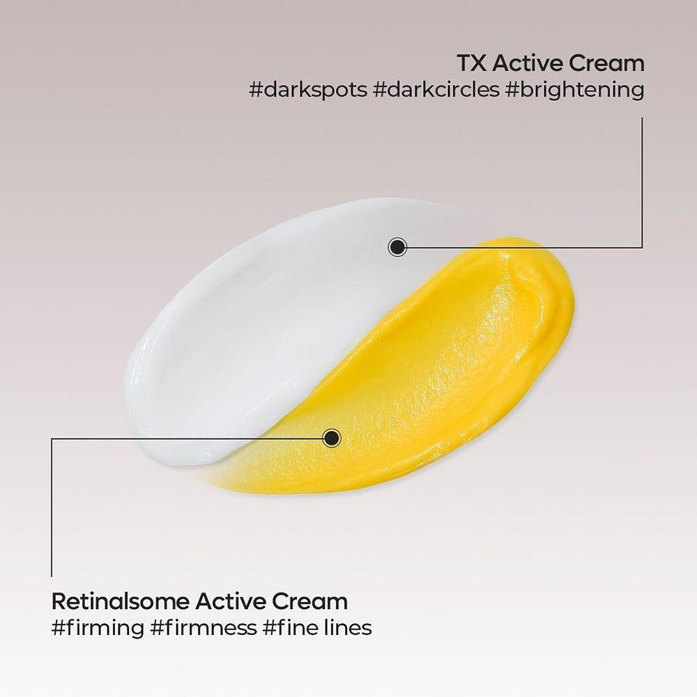 Zwei Cremes, eine weiße und eine gelbe, sind nebeneinander aufgetragen und beschriftet: TX Active Cream und Retinalsome Active Cream.
