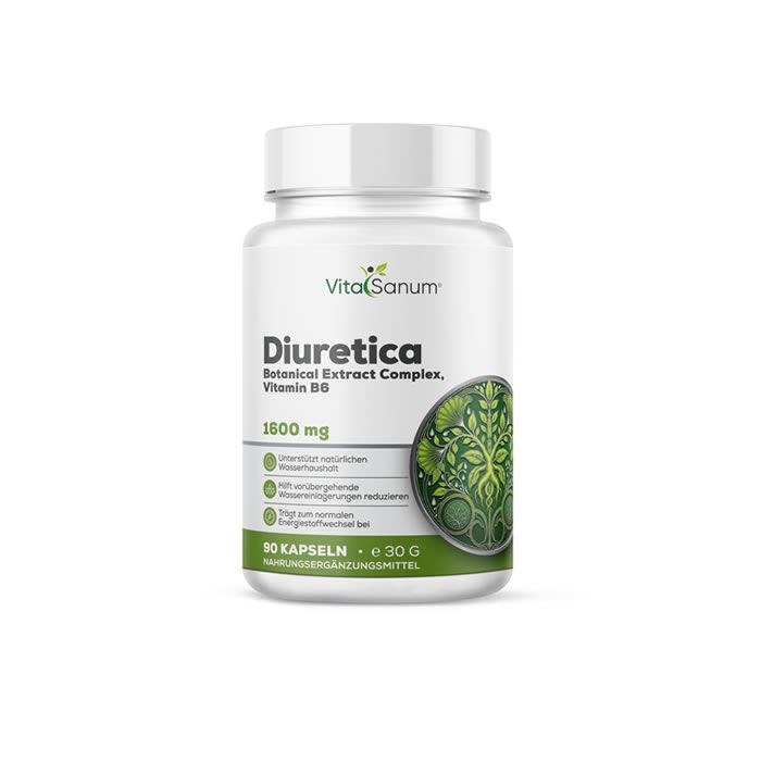 Weiße Flasche mit Kapseln. Aufschrift: VitaSanum, Diuretica, 1600 mg, 90 Kapseln. Botanischer Extrakt Komplex, Vitamin B6.