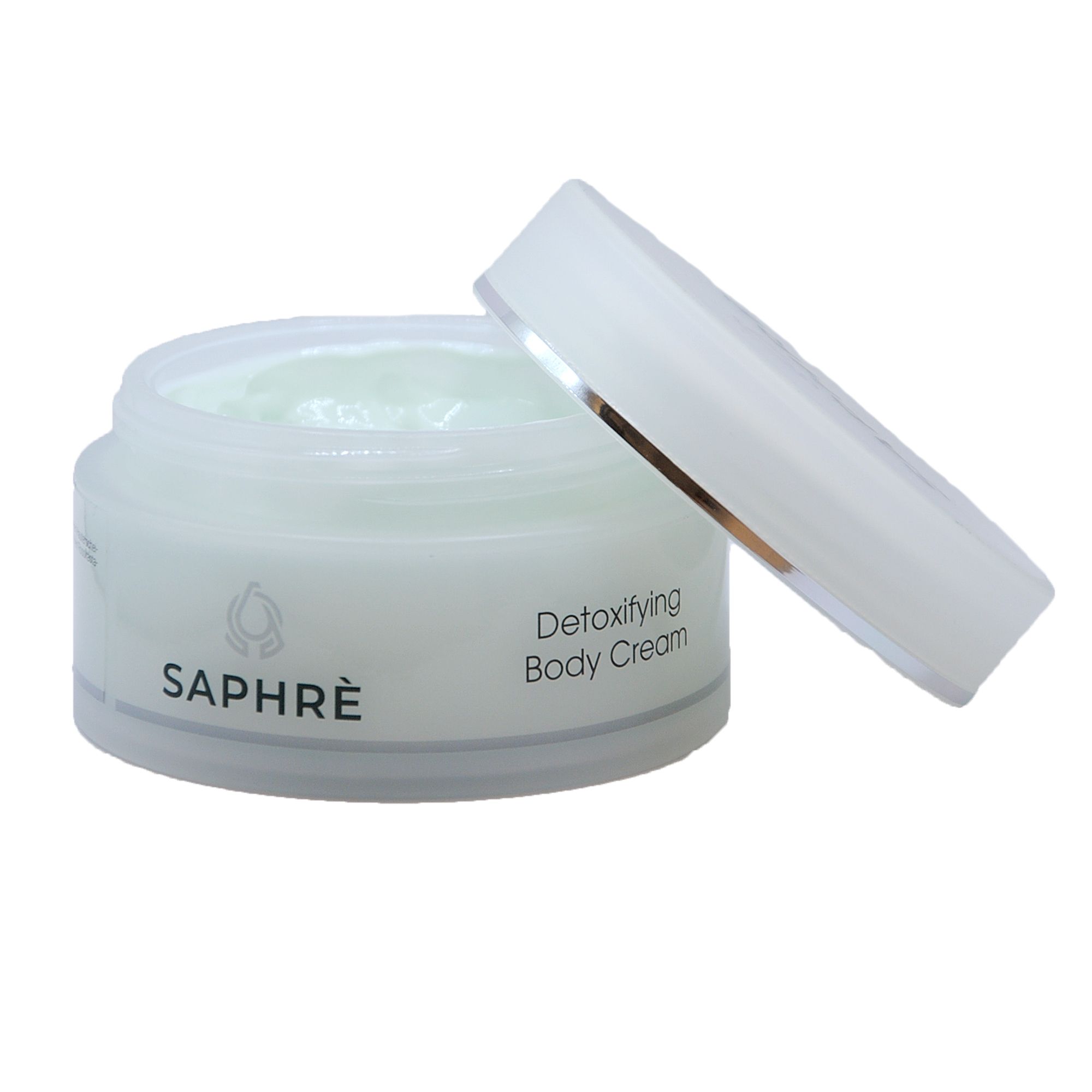 Geöffnetes Tiegel mit Deckel. Aufschrift Saphre und Detoxifying Body Cream. Logo.