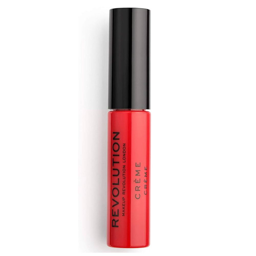 Roter Creme-Lippenstift von Makeup Revolution. Flasche mit schwarzem Deckel. Produktname und Marke sind sichtbar.