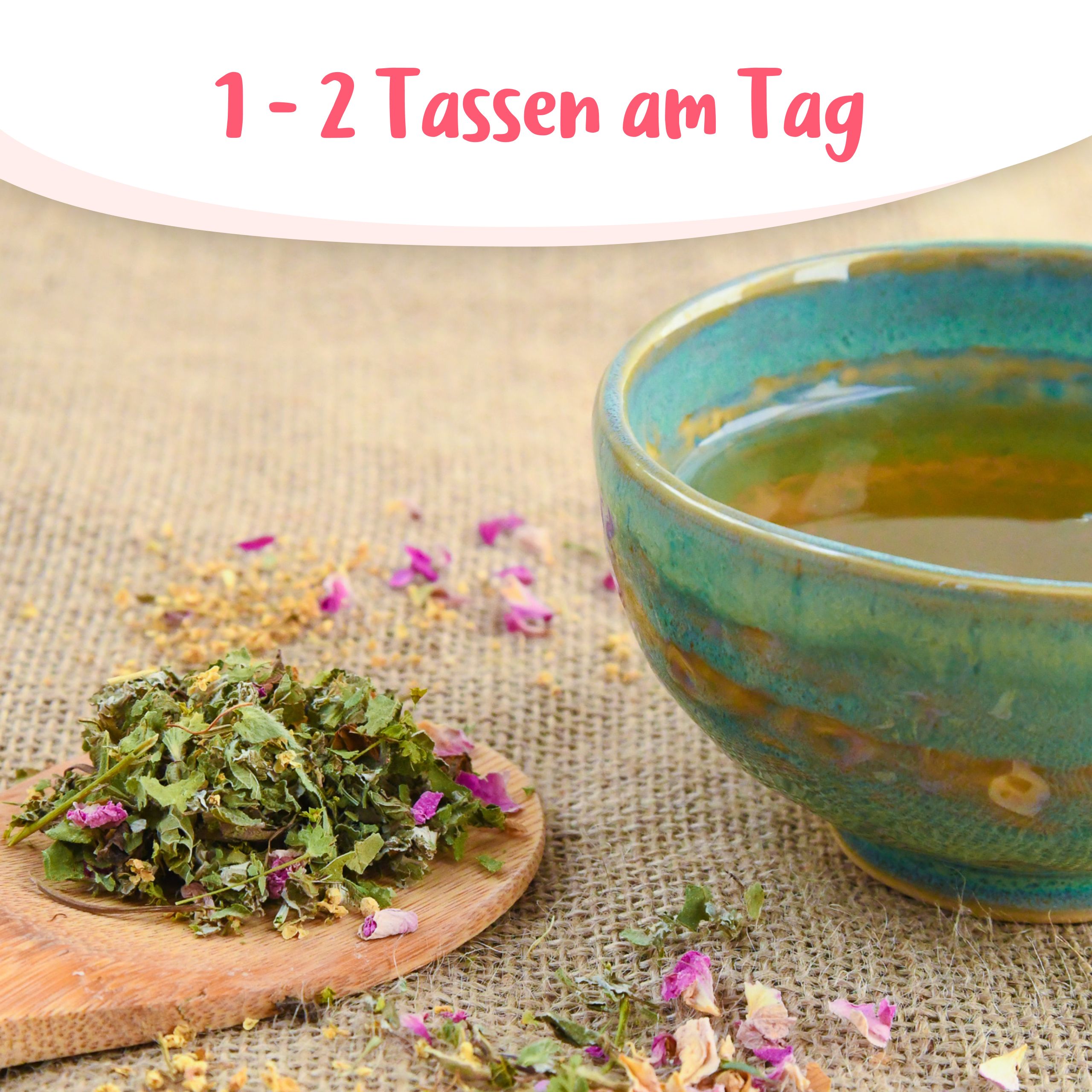 Holzlatöffel mit PregniVital Bio Kräutertee und eine Teetasse mit aufgebrühtem Tee. Empfehlung: 1-2 Tassen täglich.
