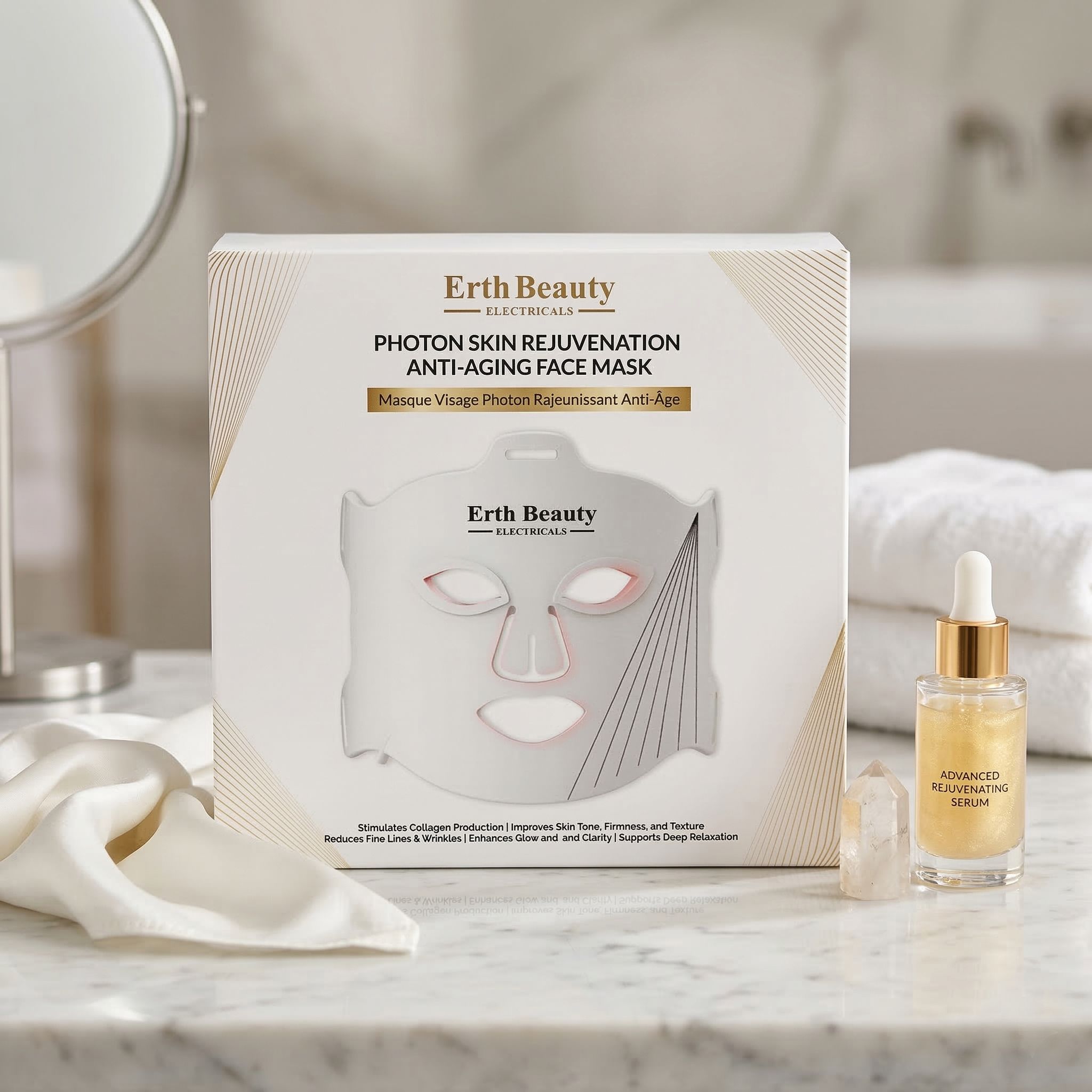 Verpackung der Erth Beauty Photon Skin Rejuvenation Anti-Aging Gesichtsmaske mit Serumflasche und Handtüchern.