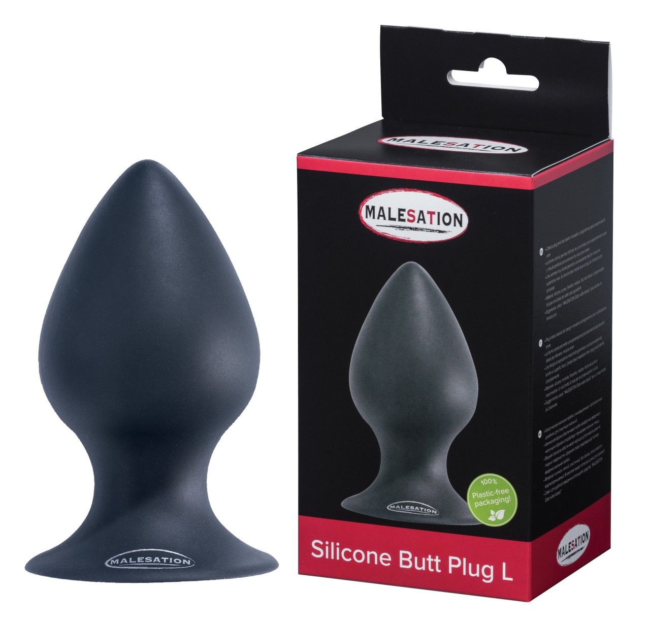 Dunkelgrauer Silikon-Analplug in Größe L mit breiter Basis. Neben der Verpackung.