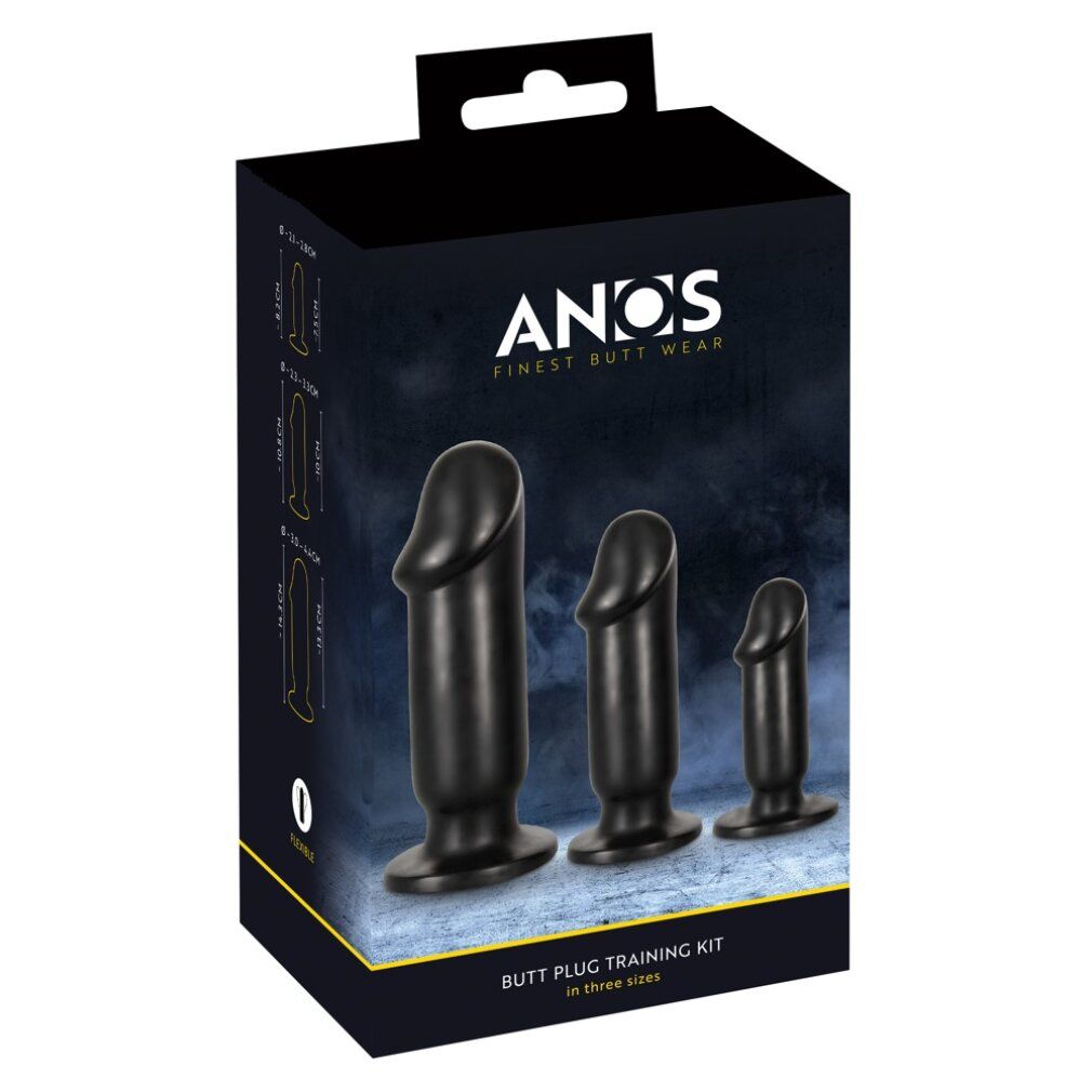 Schwarzes Set aus drei Analplugs in einer Box. Box mit Produktnamen und Größenangaben. Aufschrift: ANOS, FINES BUTT WEAR.