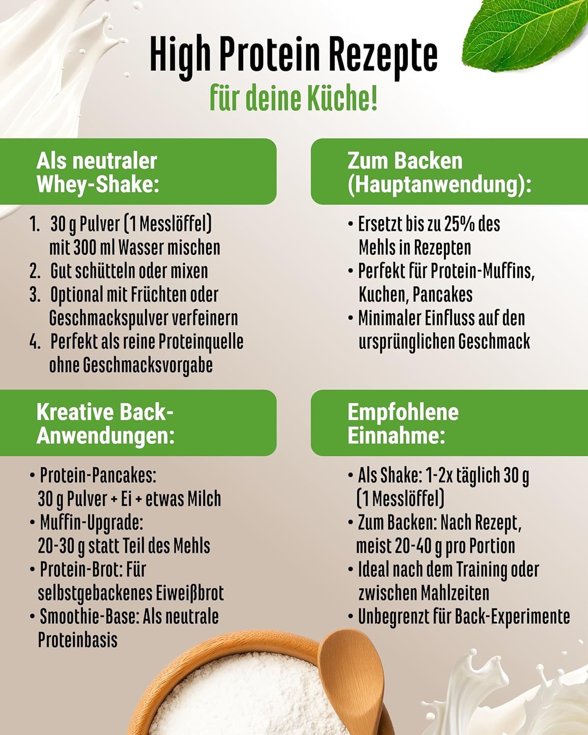 High Protein Rezepte: Whey-Shake, Backen, Pancakes, Brot. Empfohlene Einnahme: 1-2x täglich 30g. Ideal nach dem Training oder zwischen Mahlzeiten.
