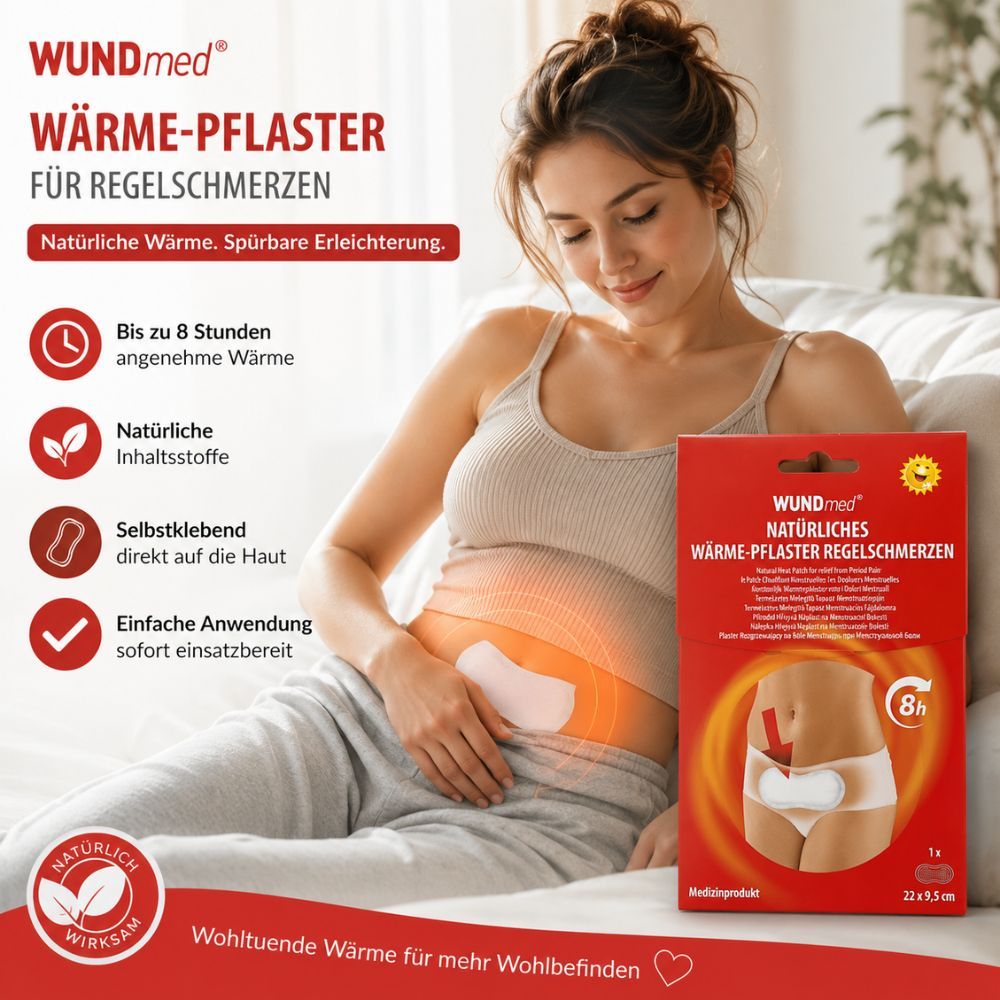 Frau mit Wärme-Pflaster auf dem Bauch, neben der Produktverpackung. Natürliche Inhaltsstoffe, 8h Wärme.