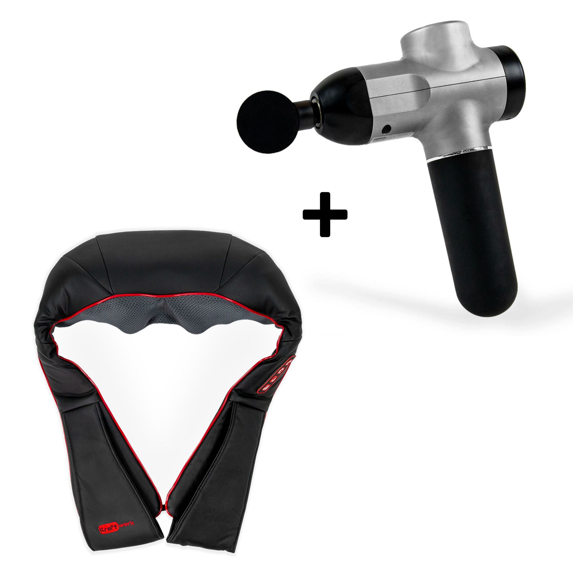 Massagepistole und Shiatsu Nacken Massagegerät. Schwarz und silberfarben. Beide Produkte liegen nebeneinander.