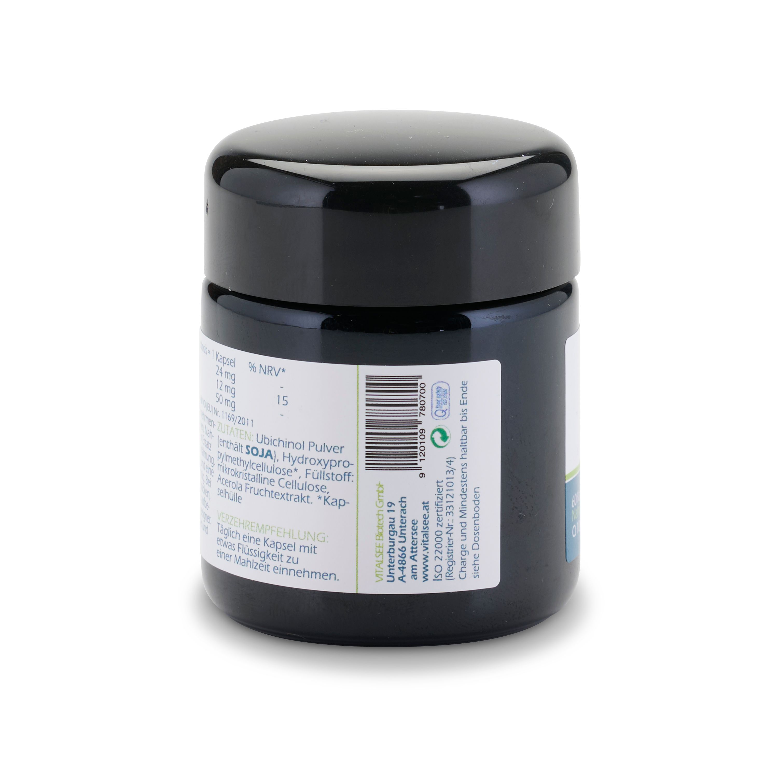 Rückseite der schwarzen Dose. Enthält Informationen zu Inhaltsstoffen, Dosierung und Zutaten. Text in deutscher Sprache.