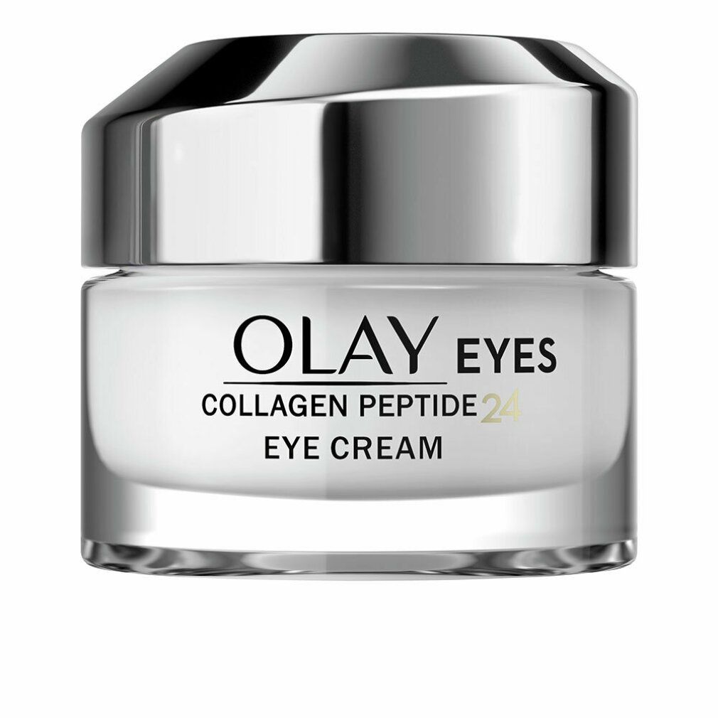 Cremebehälter mit silbernem Deckel. Aufschrift: Olay Eyes Collagen Peptide 24 Eye Cream.