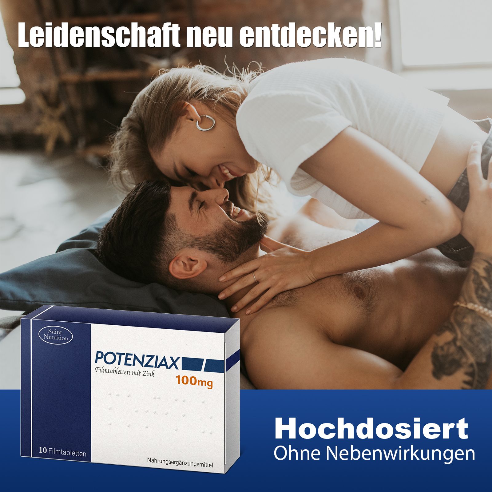 Paar umarmt sich, Potenziax-Packung im Vordergrund. Text: Hochdosiert, ohne Nebenwirkungen. Enthält 10 Tabletten mit Zink, 100mg.