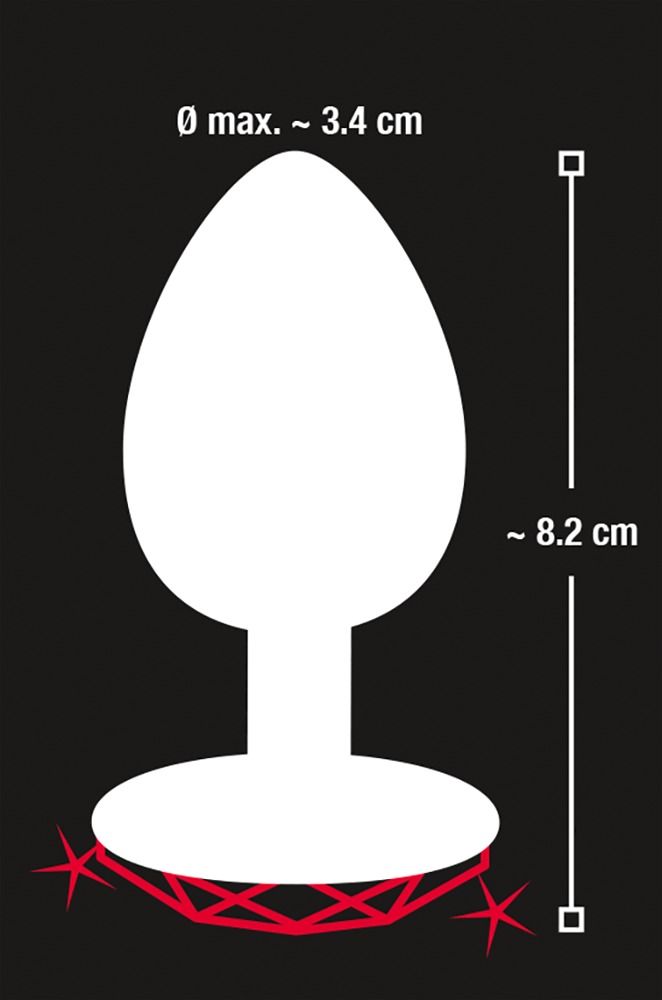 Diagramm eines Analplugs. Abmessungen: Ø max. ~3,4 cm, Höhe ~8,2 cm. Schwarzer Hintergrund.