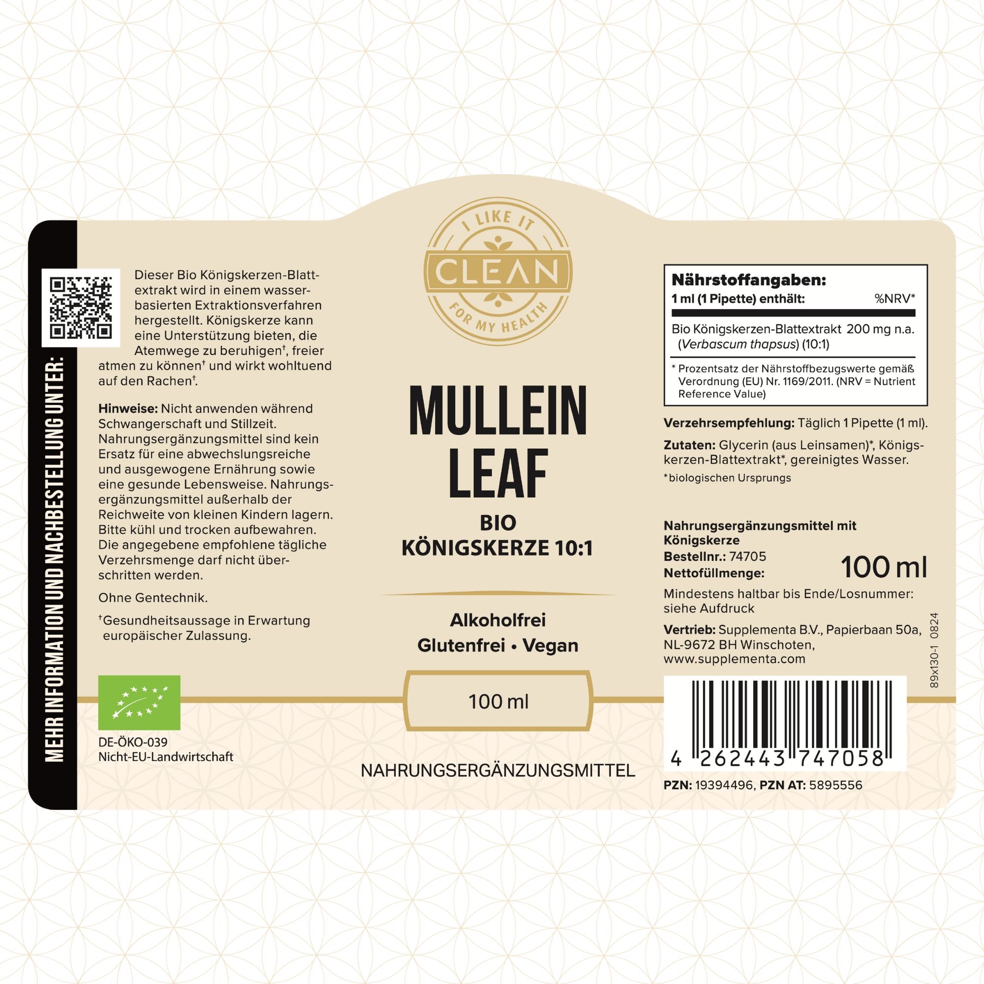 Etikett mit Text: I LIKE IT CLEAN, Mullein Leaf, Bio Königskerze 10:1, 100 ml. Informationen zu Inhaltsstoffen.