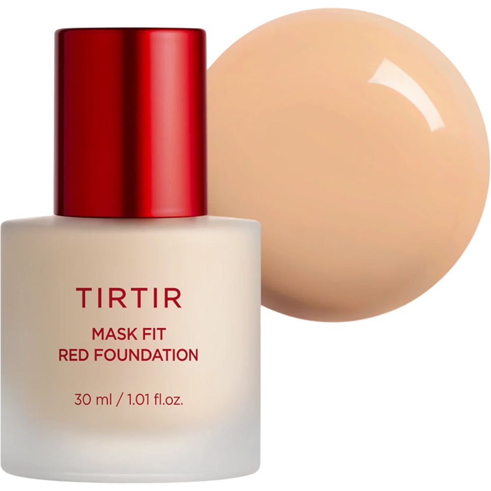 TIRTIR Mask Fit Red Foundation in einer Flasche mit rotem Deckel. Daneben ein Klecks Foundation. 30 ml / 1.01 fl.oz.