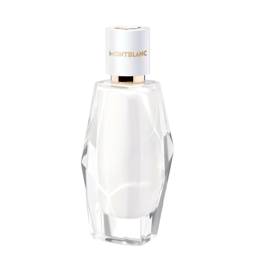 Weiße Parfümflasche mit weißem Verschluss und goldfarbenem Ring. Auf dem Verschluss steht "MONTBLANC". Klare, facettierte Basis.