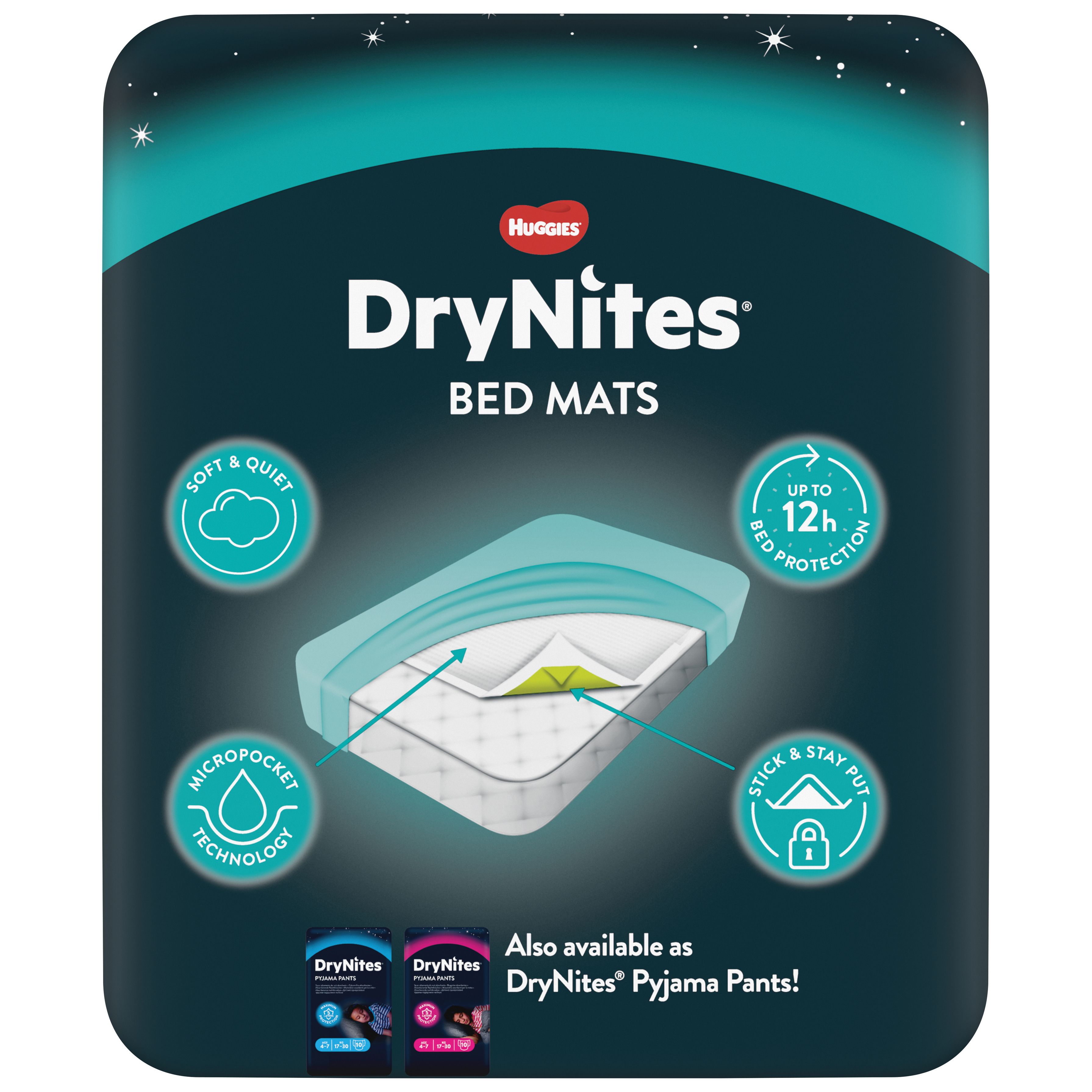 Verpackung von Huggies DryNites Bed Mats. Text: Soft & Quiet, MicroPocket Technology, Stick & Stay Put. Auch als DryNites Pyjama Pants erhältlich.