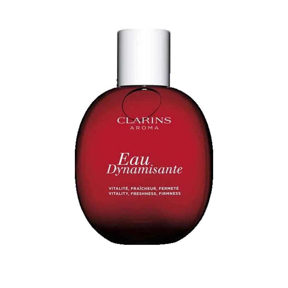 Rote Flasche mit weißem Deckel. Aufschrift: Clarins Aroma, Eau Dynamisante. Untertitel: Vitalité, fraîcheur, fermeté.