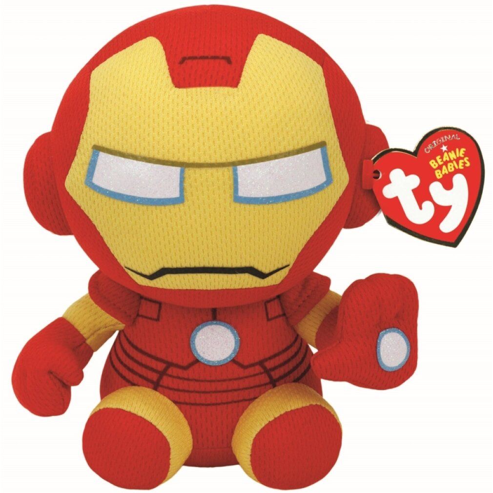 Plüschfigur Iron Man. Rot, gelb und weiß. Mit TY-Etikett. Stofftier im Comic-Stil. Sitzende Position.