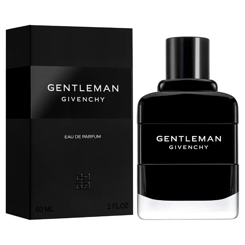 Schwarzer Karton und Flakon. Aufschrift: GENTLEMAN GIVENCHY, Eau de Parfum. Flakon mit schwarzem Verschluss.