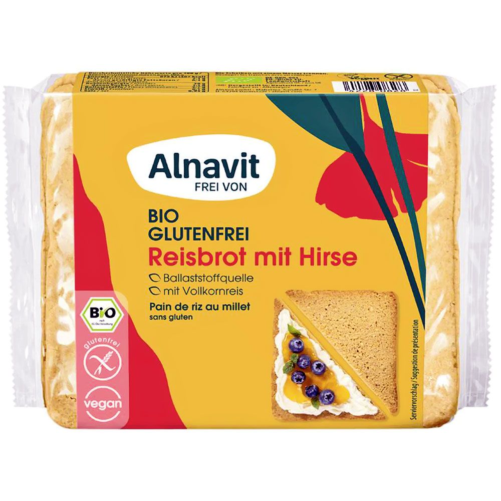 Verpackung Reisbrot mit Hirse. Aufschrift: Alnavit, BIO, glutenfrei. Mit Vollkornreis. Vegan- und Bio-Siegel.