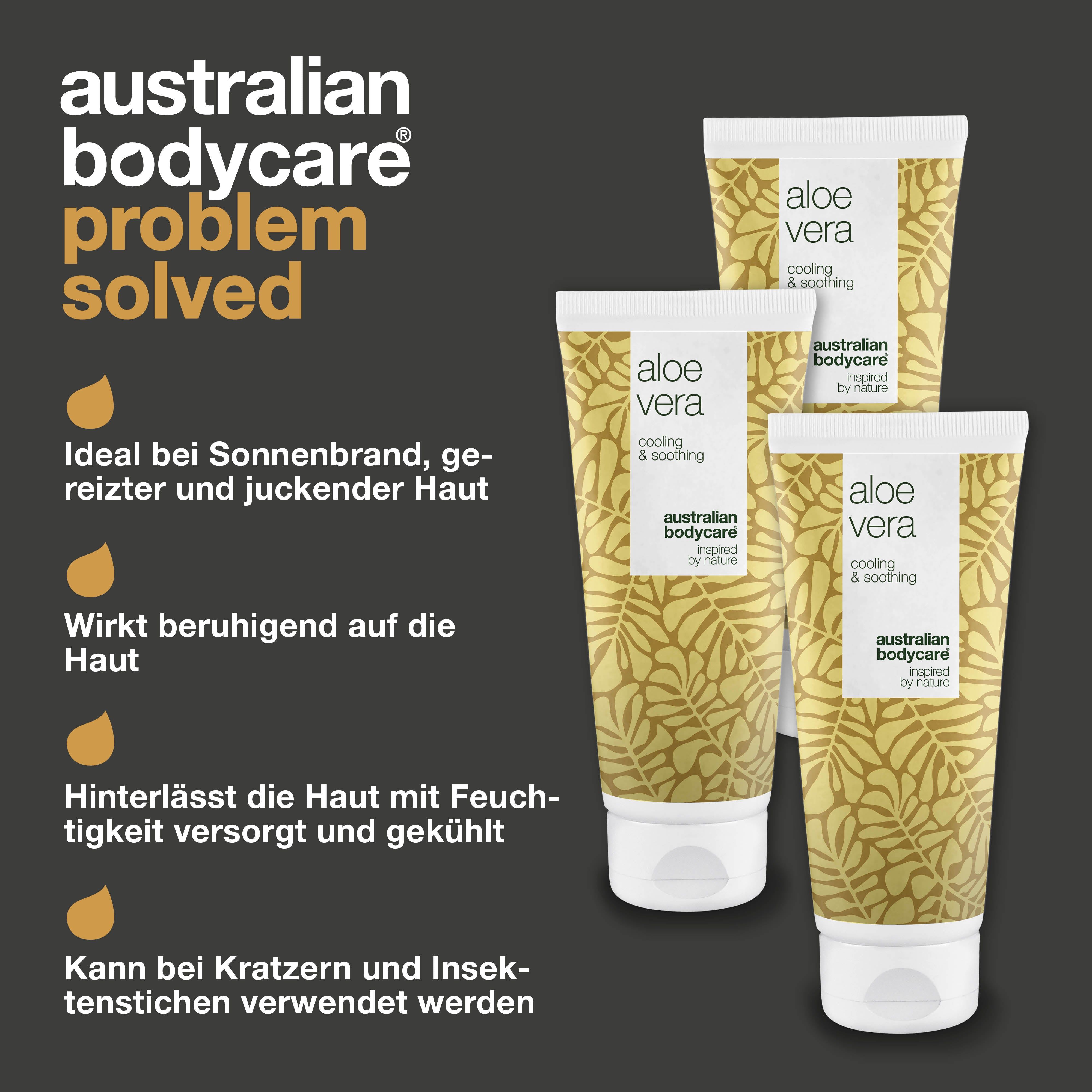 Drei Tuben Aloe Vera Gel. Marke: Australian Bodycare. Text: Getestet und von Dermatologen bestätigt.
