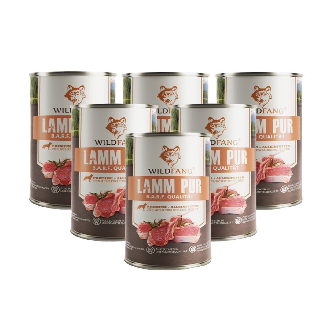 Sechs Dosen Nassfutter Lamm pur, BARF Qualität.