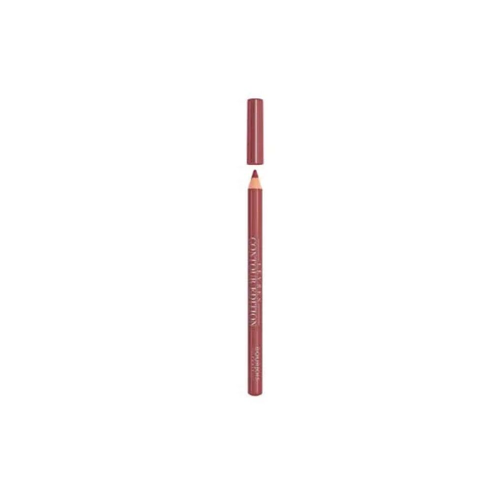 Brauner Lippenkonturenstift. Aufschrift: Contour Edition. Marke: Bourjois. Kappe liegt daneben.