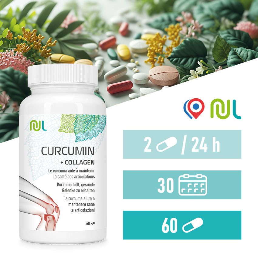 Weiße Flasche mit Kapseln und Informationsgrafiken. Aufschrift: CURCUMIN + COLLAGEN. Grafiken zeigen Dosierung und Anzahl der Kapseln.